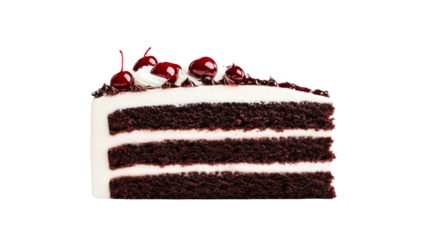 Slice of Black Forest cake with cherries and cream, cut out transparent