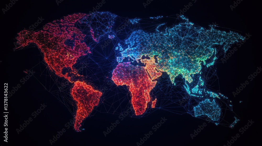 Poster digital global network connection map with colorful lines representing different continents and regi