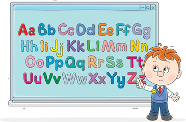 Puzzled cute little schoolboy thinking about a class task near an interactive whiteboard with colorful English letters at a lesson in elementary school, vector cartoon illustration on white