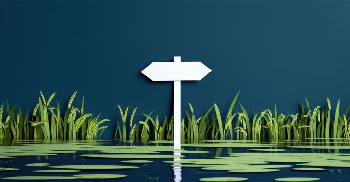Paper cutout of empty signpost standing in flooded rice field deep navy and muted green symbolizing resilience in changing environments