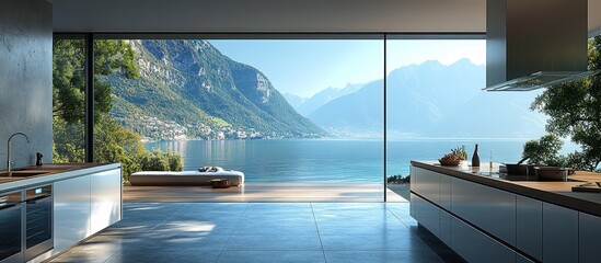 Fototapeta premium Modern kitchen with lake & mountain view; relaxing patio