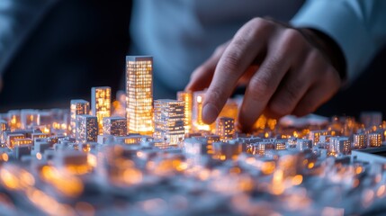 Naklejka premium Hand Adjusting Model of Urban Landscape with Illuminated Buildings in Realistic Architectural Presentation