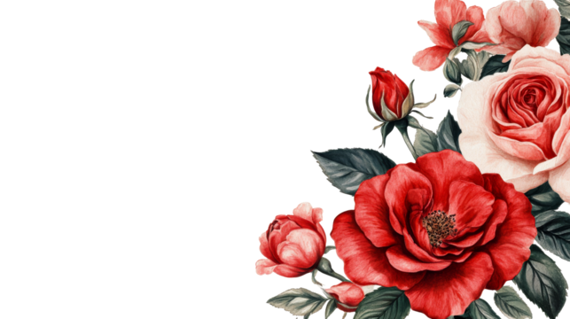 Watercolor roses bouquet illustration, red and light pink, cut out transparent