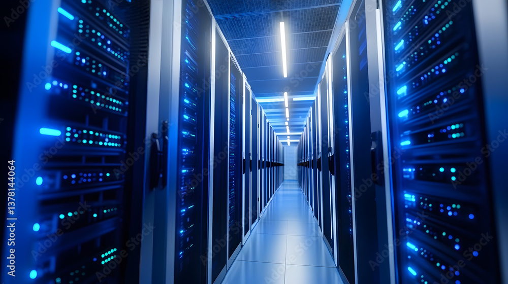Aufkleber rows of servers in modern data center with blue lighting and technology infrastructure 