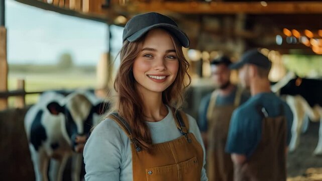 Smiling young woman in cap and overalls interacts with workers in sunlight-filled barn setting