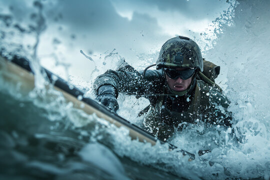 Dynamic close-up of a determined male surfer riding powerful ocean waves in action – generative ai