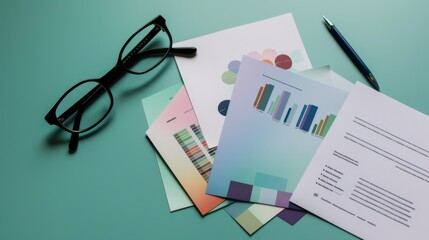 Colorful charts and documents on a desk.