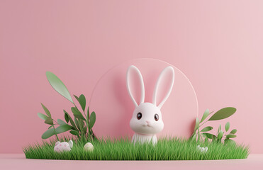 Obraz premium Cute Easter Bunny Peeking from Round Pink Background – Minimalist 3D Render for Holiday Branding, Social Media & Easter Decor (Playful, Ultra HD)