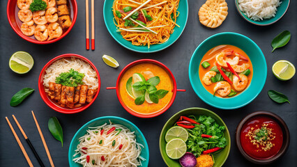 A vibrant feast of Thai cuisine, showcasing delicious shrimp curries, fragrant noodles, and colorful rice dishes in a lively overhead arrangement with warm lighting.