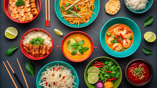 A vibrant feast of Thai cuisine, showcasing delicious shrimp curries, fragrant noodles, and colorful rice dishes in a lively overhead arrangement with warm lighting.