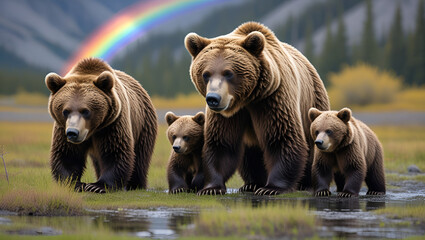 "Brown Bear Family Walking in Rural Alaska with a Rainbow | Wildlife & Nature"

