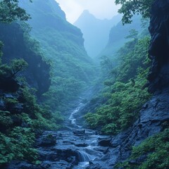 Serene mountain valley with lush greenery and flowing stream in misty atmosphere