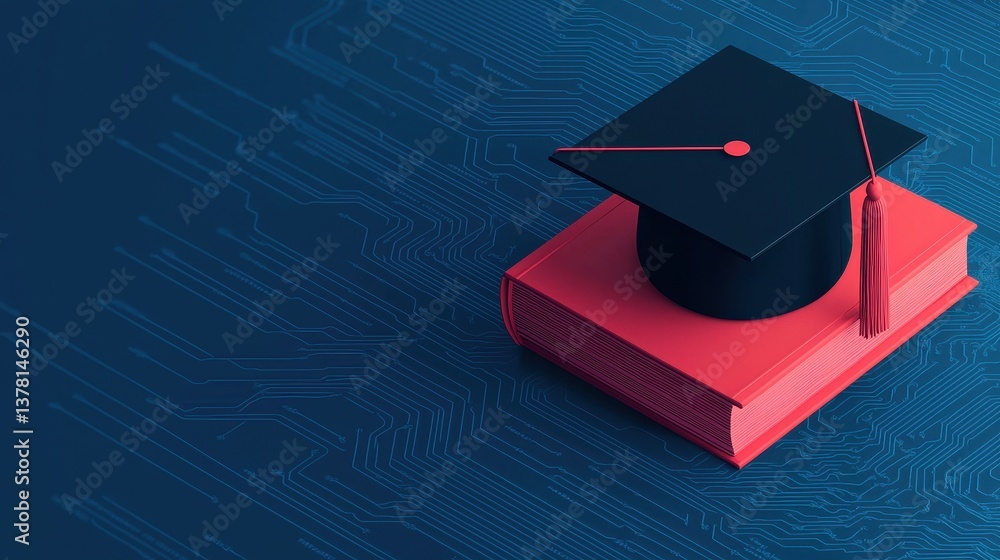 Poster graduation cap on a stack of books with a tech background symbolizing education and innovation in le