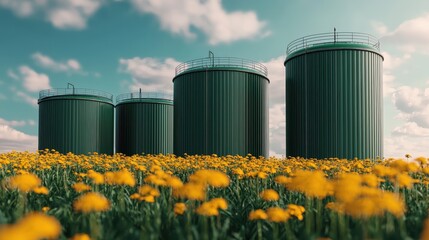 Green Storage Tanks Surrounded by Vibrant Yellow Flowers Under a Clear Blue Sky in a Scenic Landscape