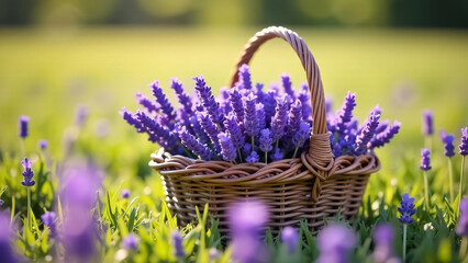 A wicker basket with a handle and a bouquet of lavender stands in a field on a sunny summer day.