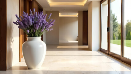 A large floor vase with lavender decorates the lobby of the building.