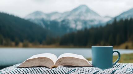 Cozy Reading Scene with Open Book and Coffee Mug Overlooking Serene Mountain Landscape and Still Lake