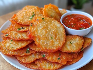 Fried Cheese Snack with Tomato Salsa Dip Appetizer on White Plate