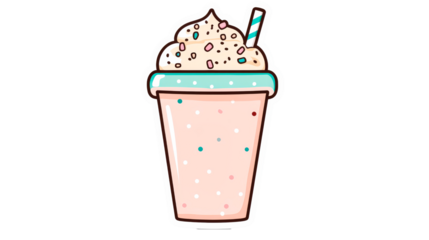 Milkshake with whipped cream and a straw, sticker style, cut out transparent