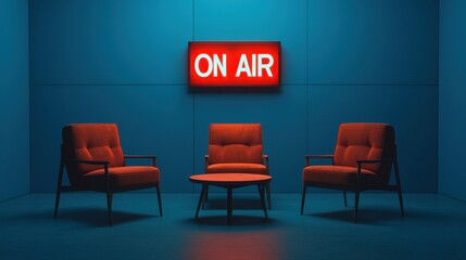 Cozy Modern Studio Setup with Red Chairs and On Air Sign Illuminating Bright Blue Background