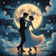 Dreamy Illustration of a Couple Dancing Under a Full Moon and Stars

