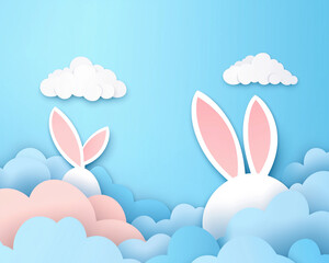Happy Easter Paper-Cut Vector Template - Whimsical Clouds & Bunny Ears with Blue Eggs (AI Design) - Flat Cartoon Banner with Copy Space for Greeting Cards & Social Media