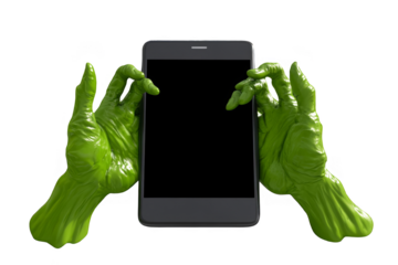 Green Monster Hands Holding Black Smartphone Illustration On Transparent Background