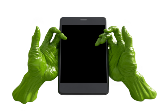 Green Monster Hands Holding Black Smartphone Illustration On Transparent Background - Powered by Adobe