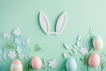 Minimalist Easter Background – Bunny Ears & Eggs on Pastel Green (Flat Lay, Copy Space, Spring Design)