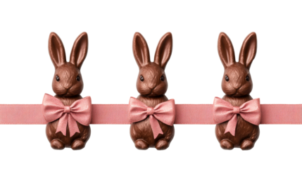 Chocolate rabbits with pink bow, cut out transparent