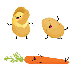 Collection of cartoon vegetable characters. Cute funny vegetables for kids - potato and carrot