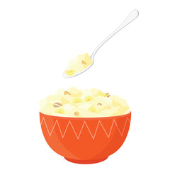 Oatmeal porridge with banana in ceramic bowl and spoon with cornmeal  porridge