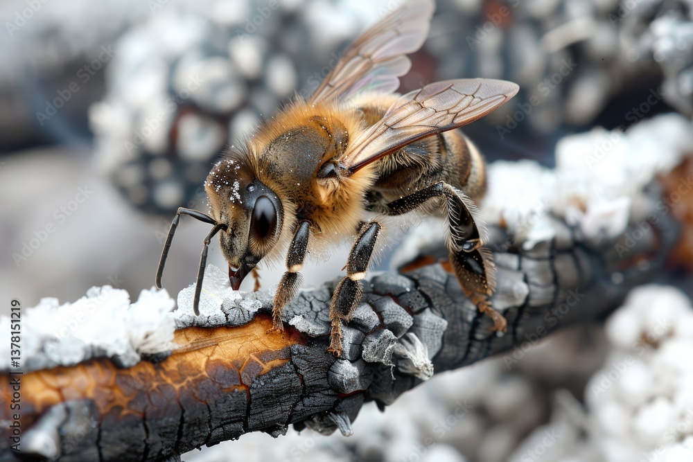 Poster a close-up of a bee perched on a charred branch, showcasing its intricate details and the surroundin