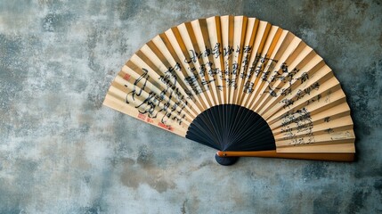 Vintage asian fan with traditional calligraphy on textured wall background