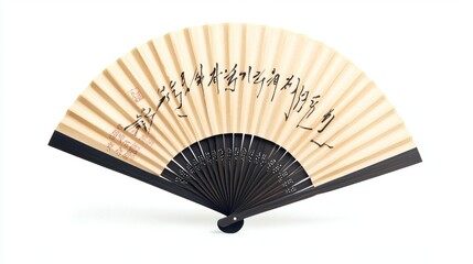 Elegant asian folding fan with calligraphy on beige and black design