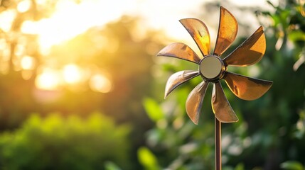 Sunny garden with metal wind spinner at sunrise