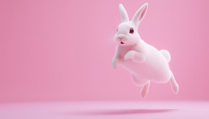 Obraz premium Minimalist 3D Pink Rabbit in Motion - Cinema 4D Style Render on Light Purple Gradient (AI Stock Image) - Wide-Angle Easter Composition for Branding & Social Media - Premium Isolated Render