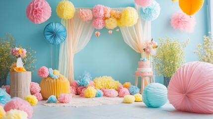 Colorful pastel party decorations with paper pom-poms and cake