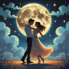 Dreamy Illustration of a Couple Dancing Under a Full Moon and Stars

