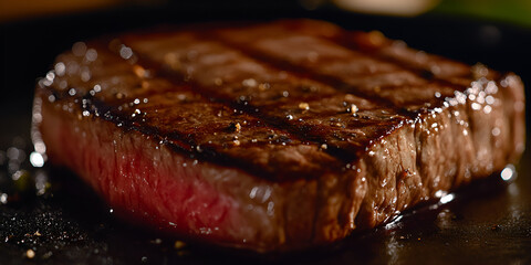 Perfectly Cooked Steak on a Sleek Black Plate, Showcasing Juicy Texture and Rich Color | Gourmet Cuisine and Fine Dining