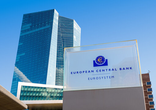 Frankfurt am Main, Germany - August 20, 2023: Low angle view of the sign and logo of the European Central Bank at the northern entrance of the Skytower building, headquarters of the ECB since 2015.