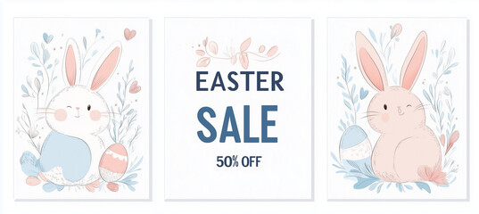 Fototapeta premium Easter Social Media Template Set - 3 Ready-to-Use Pastel Designs with '50% OFF' Sale Banner, Bunny Silhouette & Geometric Elements (Vector, AI Generated)