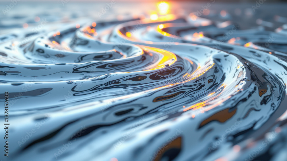 Poster a close-up photograph capturing a wave pattern on a reflective surface with vibrant reflections.