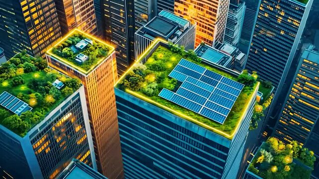 Aerial view of city skyline with green roofs and solar panels
