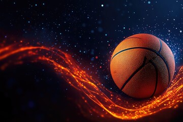 Fototapeta premium Dark web banner with detailed orange basketball and copy space for text. AI generated illustration.
