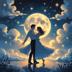 Dreamy Illustration of a Couple Dancing Under a Full Moon and Stars

