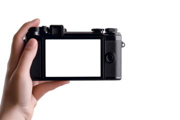 Hand Holding Black Digital Camera Photo Isolated On Transparent Background