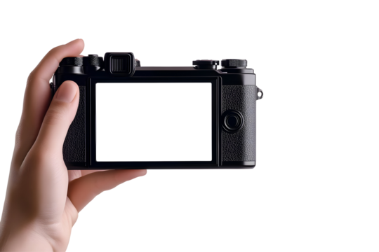 Hand Holding Black Digital Camera Photo Isolated On Transparent Background
