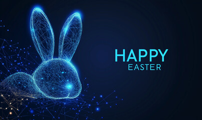 Futuristic Easter Tech Banner - Blue Glowing Bunny Ears with Digital Pattern (Vector AI Art) - 'Happy Easter' Greeting Card & Social Media Template - Abstract Cyber Design