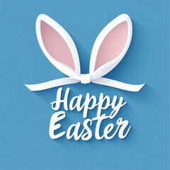 Minimalist Happy Easter Vector Design - Pastel Blue Background with Bunny Ear Ribbon, Ready-to-Use for Social Media & Print - Trendy 2025 AI Graphic